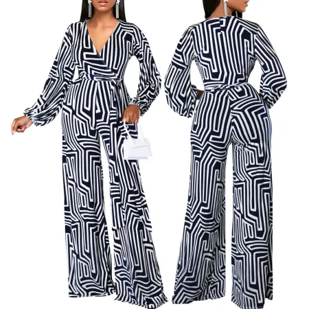 Fashionable digital printed long sleeved V-neck women's jumpsuit