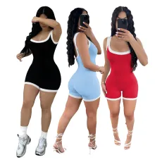 Fashionable contrasting color pit stripe tight backless jumpsuit casual shorts