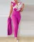 18 COLORS Fashionable printed lotus leaf sleeve top, solid color pants set with belt OL dress