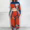 Printed color blocking exposed navel top and wide leg pants set