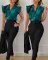 18 COLORS Fashionable printed lotus leaf sleeve top, solid color pants set with belt OL dress