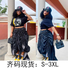 Drawstring skirt positioning printed T-shirt set fashionable casual set