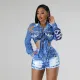 Fashion printed two-piece long sleeved shirt top paired with shorts