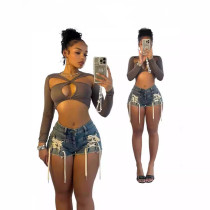 Wrapped buttocks denim washing water left and right cross tie tied shorts