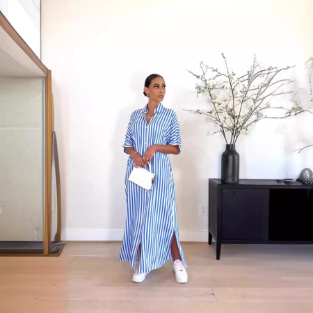 New Vertical Stripe Loose Long Side Split Short Sleeve Shirt Dress