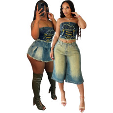 Elastic denim fabric patch embroidery denim imitation skirt top