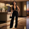 Fashion women's solid color V-neck fashion pants jumpsuit