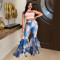 Fashion women's printed flared pants with ruffled edges