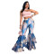 Fashion women's printed flared pants with ruffled edges