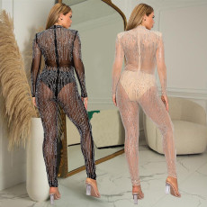 Hot Diamond Fashionable and Sexy Perspective jumpsuit pants two-piece set