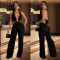 Fashion women's solid color V-neck fashion pants jumpsuit