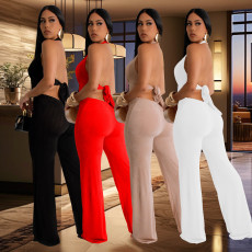 Fashion women's solid color V-neck fashion pants jumpsuit