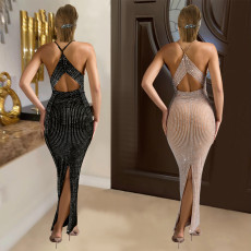 Fashionable women's V-neck hot diamond sleeveless long dress dress