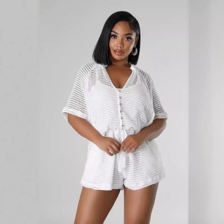 Hollow cardigan three piece set with tie up waist for women's casual set