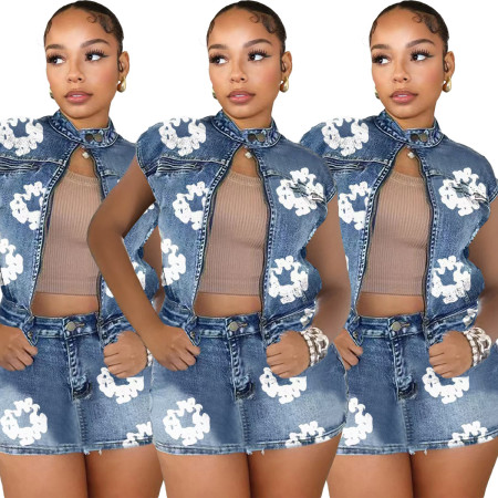 Personalized printed elastic denim short skirt jacket set