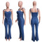 Fashionable, casual, sexy shoulder straps, denim jumpsuit, wide leg pants with slits