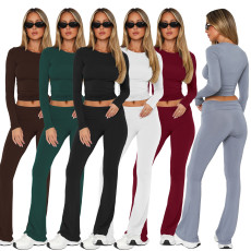 Fashionable long sleeved round neck pullover for comfortable slim fit and low waisted flared pants