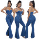 Fashionable, casual, sexy shoulder straps, denim jumpsuit, wide leg pants with slits