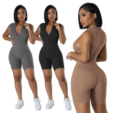 Sleeveless solid color casual sports jumpsuit sexy tight fitting jumpsuit shorts