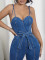 Fashionable, casual, sexy shoulder straps, denim jumpsuit, wide leg pants with slits