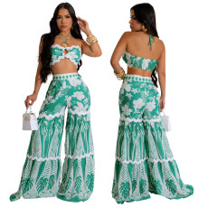 Tie up strapless top paired with loose wide leg pants two-piece set