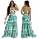 Tie up strapless top paired with loose wide leg pants two-piece set