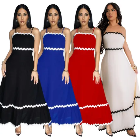 Solid color wave woven belt splicing with straight tribute cloth suspender dress for women's solid color large swing skirt