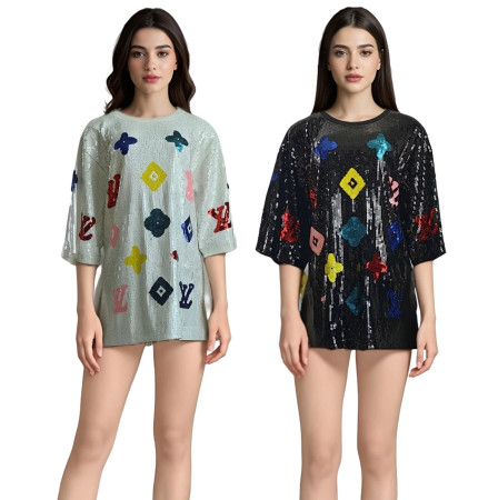 Fashionable short sleeved sexy sparkling heavy industry sequin loose summer dress