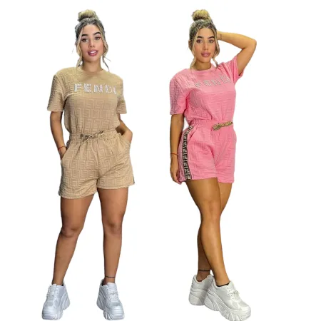 Fashion Bubble Bead+Embossed Elegant Women's Short sleeved Shorts Set