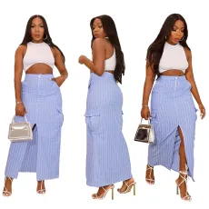 New high waisted striped slit work dress
