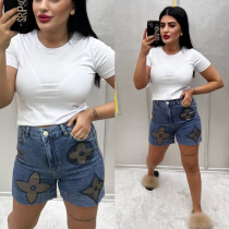 Leisure denim shorts, summer mid rise slim fit shorts, elastic jeans