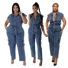 Tight waist, slim fit, elastic washed denim jumpsuit, straight leg, loose fitting jumpsuit