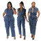 Tight waist, slim fit, elastic washed denim jumpsuit, straight leg, loose fitting jumpsuit