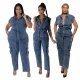 Tight waist, slim fit, elastic washed denim jumpsuit, straight leg, loose fitting jumpsuit