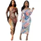 Sexy and fashionable digital printed one line collar strapless dress
