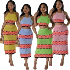 Knitted elastic sports casual skirt vest sweater long set
