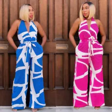 Fashionable women's clothing, exquisite printed sleeveless V-neck jumpsuit
