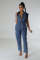 Tight waist, slim fit, elastic washed denim jumpsuit, straight leg, loose fitting jumpsuit