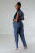 Tight waist, slim fit, elastic washed denim jumpsuit, straight leg, loose fitting jumpsuit