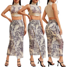 Fashionable summer digital printed mesh splicing two-piece set