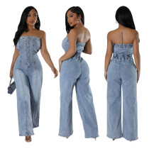 Fashion strapless women's slim fit wide leg denim jumpsuit