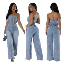 Fashion strapless women's slim fit wide leg denim jumpsuit