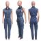 Tight waist, slim fit, elastic washed denim jumpsuit, straight leg, loose fitting jumpsuit