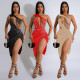 Fashionable women's mesh hot diamond mid length dress
