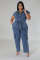 Tight waist, slim fit, elastic washed denim jumpsuit, straight leg, loose fitting jumpsuit