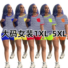 Large size obese women's casual striped printed short sleeved shorts set