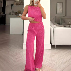 Solid color water wave round neck loose vest+straight leg pants two-piece set