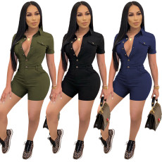 Casual solid color lapel short sleeved single breasted jumpsuit shorts