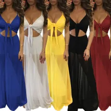Mesh splicing chest knot dress with multiple wearing methods in 5 colors