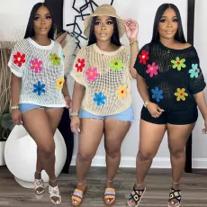 Pullover round neck floral short sleeved top
